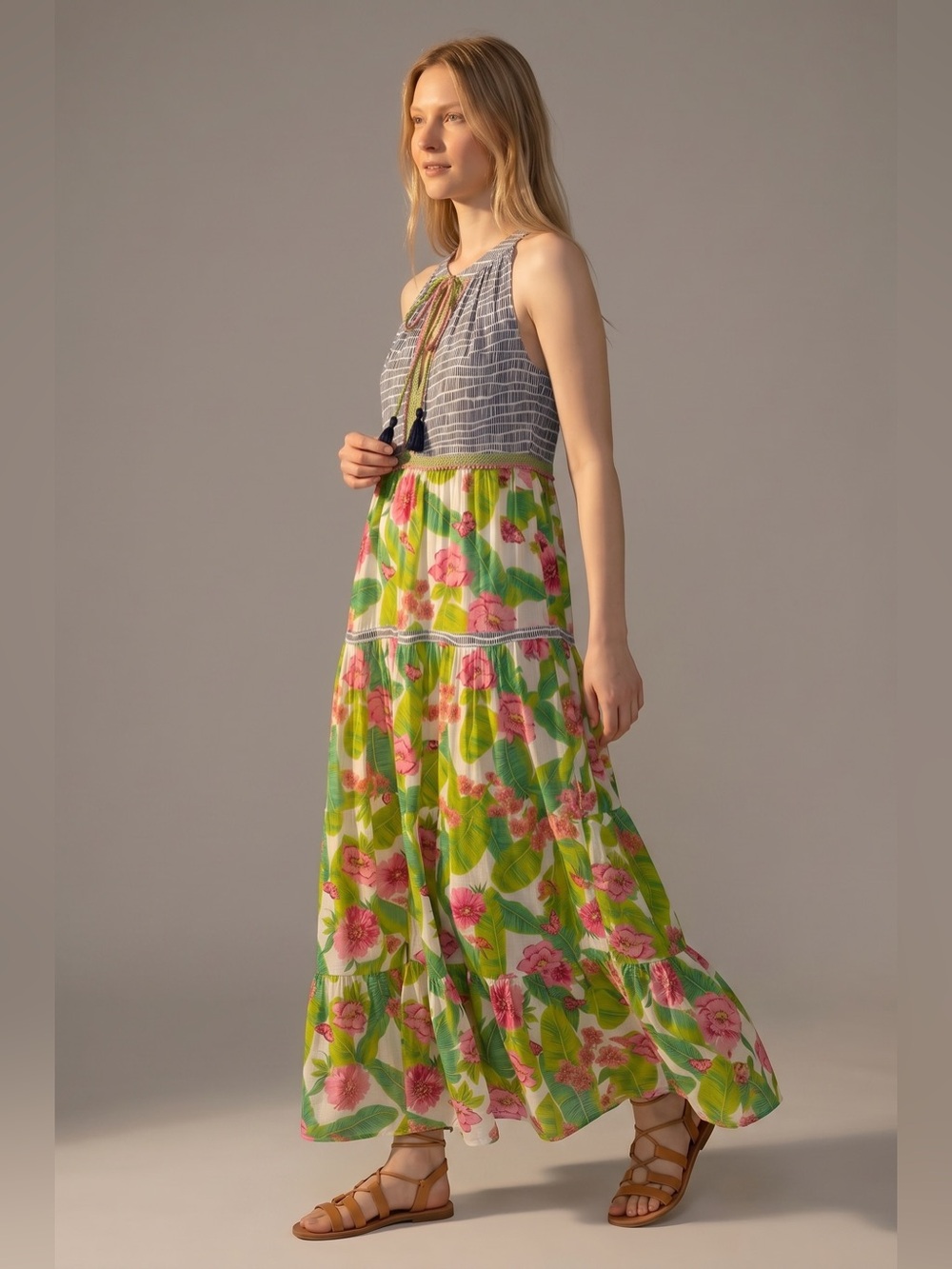 Adrift Bohemian Floral Green Tiered Maxi Dress. Tropical. Hawaiian. Summer. M